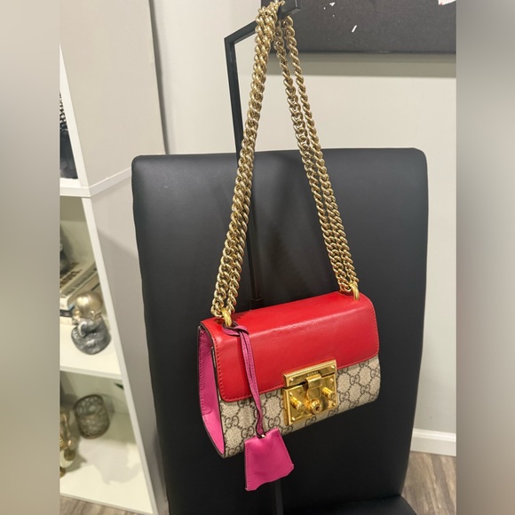 Gucci Handbags - GG Supreme Monogram Padlock red and pink bag with gold chain